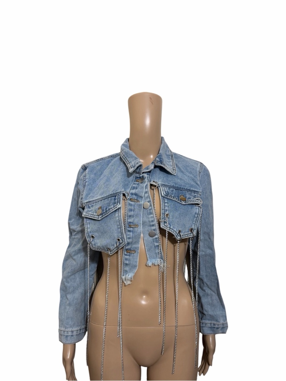 Y2K Cut Out Distressed Denim Jacket Silver Chain Fringe Festival Jacket